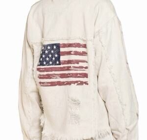 POL American Flag Distressed Denim Jacket Small Cropped Americana Raw Hem